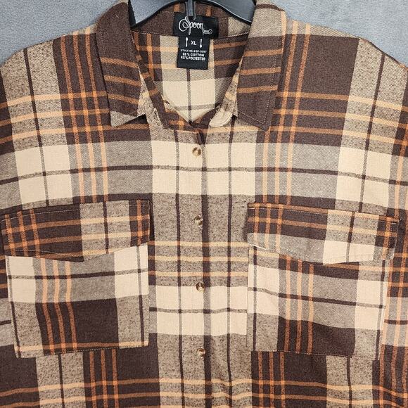 Spoon Jeans Plaid Flannel Button Up Shirt XL High Low Brown Plaid  Round Hem - Picture 4 of 5